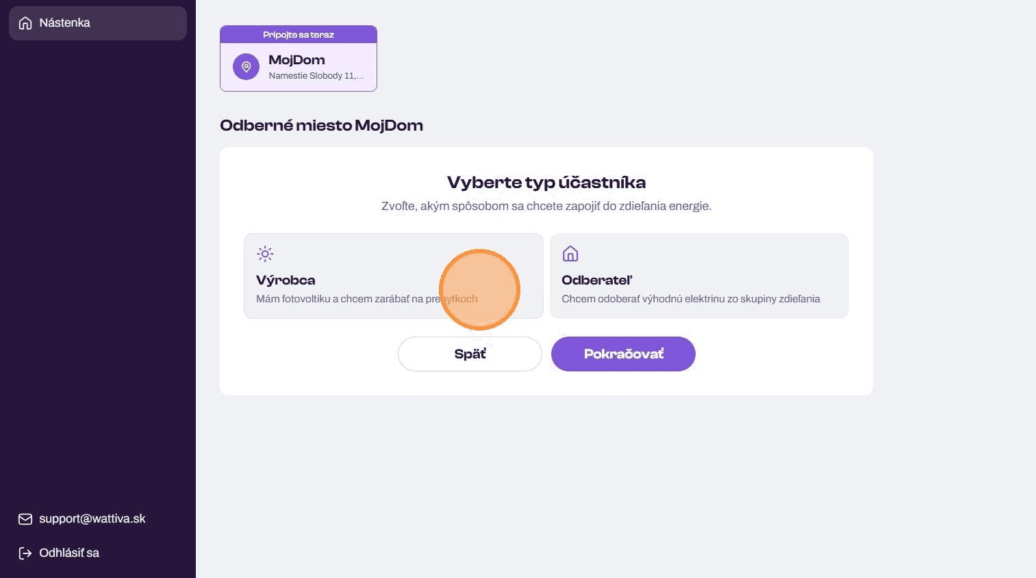 Obrazovka s mapou a potvrdením pripojenia miesta