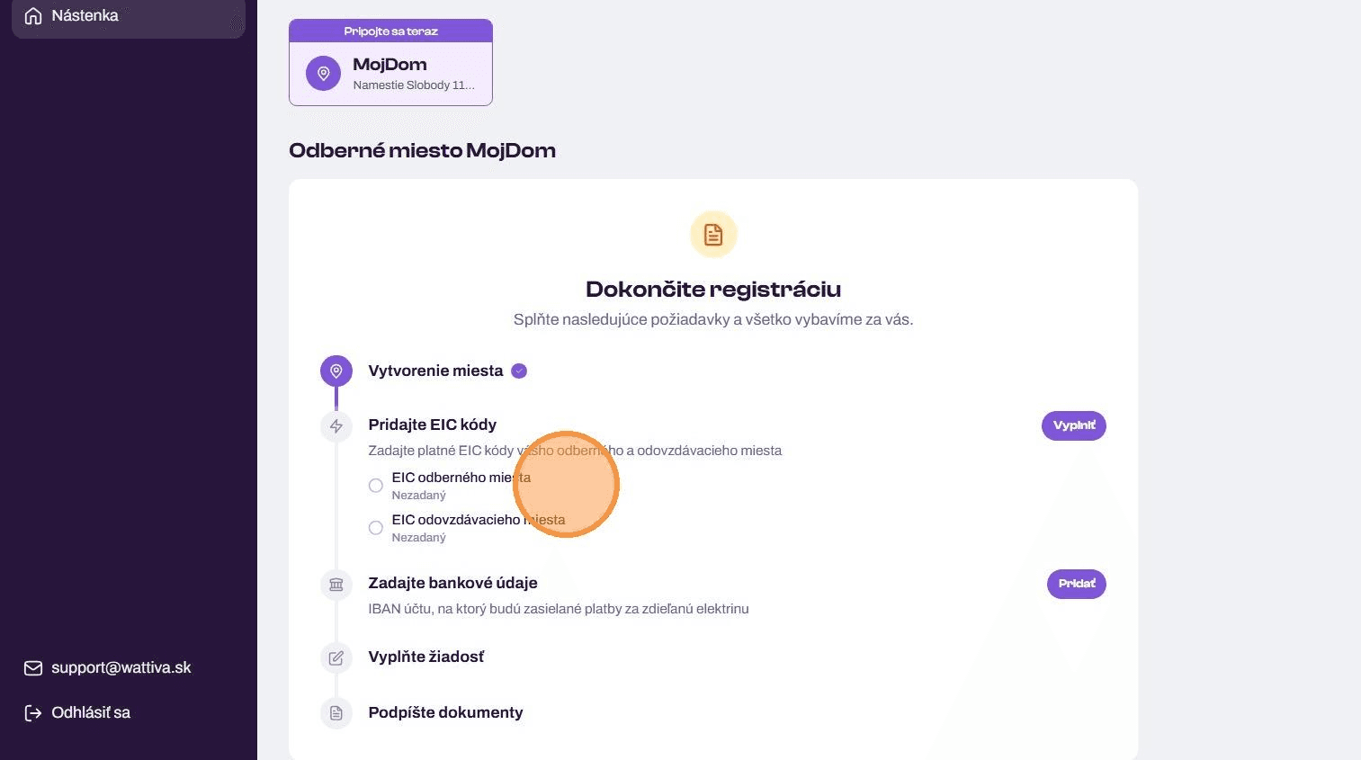 Obrazovka formulára s políčkami pre EIC kódy