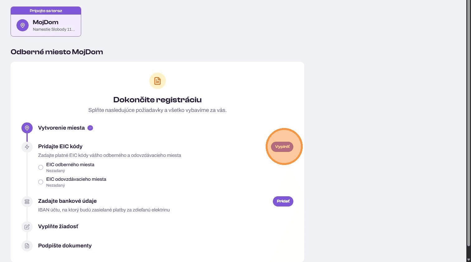 Obrazovka zadania EIC kódu do formulára